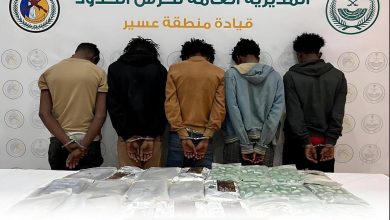 صورة القبض على 5 مخالفين لنظام أمن الحدود لتهريبهم 90 كيلوجرامًا من القات بعسير