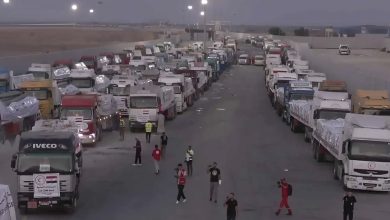صورة بدء تحرك شاحنات المساعدات من مصر إلى قطاع غزة