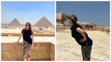 صورة تعطي قُبلة لـ أبو الهول.. نرمين الفقي تنشر صورا أمام الأهرامات