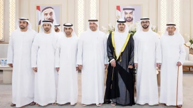 صورة سلطان بن حمدان بن زايد يحضر حفل استقبال لزفاف عزان محمد المزروعي