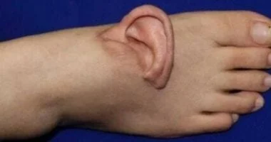 صورة امرأة صينية تعيد تثبيت أذنها بعد 5 أشهر من زرعها في باطن قدمها