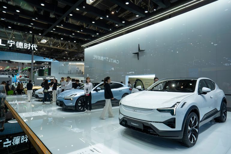 Beijing, China - Apr 30, 2024: Polestar 3 electric SUV and Polestar 4 electric SUV coupe are displayed at the 17th Beijing International Automotive Exhibition (Auto China 2024).