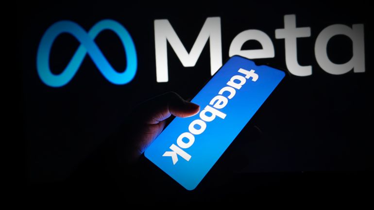 Facebook logo, Smartphone display, and Meta branding in the background, Concept of social media evolution, Digital technology, and social network rebranding concept.Captured on 25 May 2025